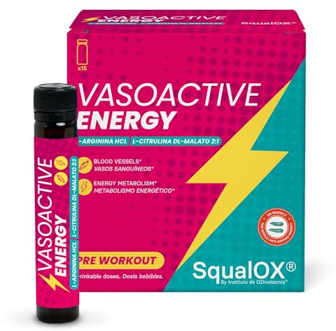 VasoActive Energy - SqualOX® | L-Arginina HCL 5000 mg + Citrulina Malato 2:1 5000 mg por dosis | Vasodilatador Energético | Pre-entreno líquido con Vitamina C y Espino Blanco