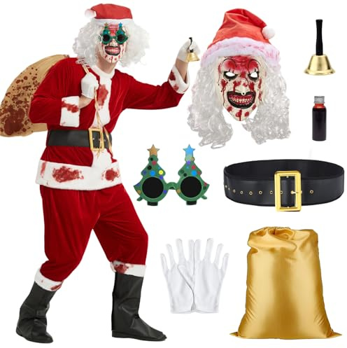 KKSJK 11PCS Costume Terrifier Adulto, Costume Pagliaccio Horror Uomo, Art the Clown Cosplay con Maschera e Parrucca, Clown Assassino Vestito da Babbo Natale per Halloween Cosplay Feste (XL)