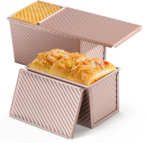 LIANYU Pullman Loaf Pan with Lid, 2 Pack 1 Pound Bread Loaf Baking Pan, Nonstick Homemade Sourdough Sandwich Bread Toast Box, Heavy Duty Corrugated Bakeware Tins with Cover, Rose Gold