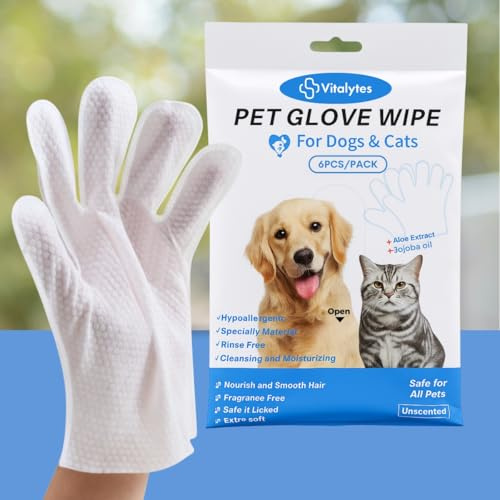 Vitalytes Pet Glove Wipes for Dogs & Cats – Disposable Rinse-Free Cleaning Gloves with Aloe & Jojoba Oil – Hypoallergenic, Mess & Fragrance Free, Grooming Mitt Wipes for Paws, Face & Body (Pack of 6)