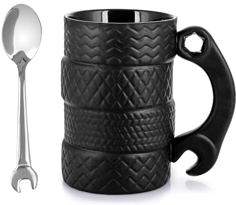 Nzkeuf Coffee Mug with Wrench-Shaped Handle & Includes Stirrer, Unique Industrial Design, Durable Ceramic, Gift for Coffee, Car and Mechanic Fans (Black)