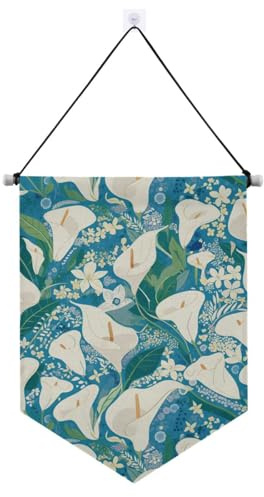 Vintage Calla-Lilien-Blumen, weiß, blau, grün, Banner zum Aufhängen mit Teleskopstange, Wimpel, Banner, Flaggen, hängende Wanddekoration für drinnen und draußen