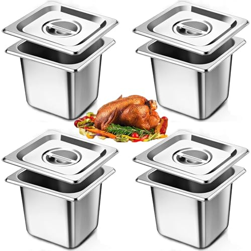 ORFCP Lot de 4 récipients en acier inoxydable avec couvercle, récipient gastronorme, taille 1/6, 17,5 x 16 x 15 cm