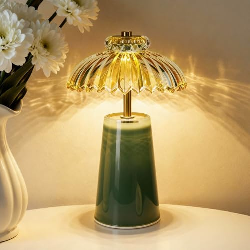 MJ Premier Cordless Lamp, Battery Operated Lamp with Timer, Crystal Glass Flower Lampshade, Small Table Lamps, Decorative Led Light for Bedroom Living Room Shelf (L-Green) | Crystal Glass Flower Lampshade, Small Table Lamps, Decorative Led Light for Bedroom Living Room Shelf