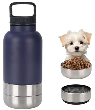 Dreischichtig,Tragbare Trinkflasche Hundefür Unterwegs, TrinkflascheHunde für Unterwegs mit Futternapf und Wassernapf, Tragbare trinkflasche Hunde, 900 ml, mit abnehmbaren Futter- und Wassernäpfen