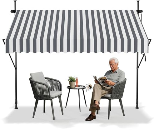 YRHome Toldo de sujeción para balcón con manivela, 200 cm de ancho, toldo para balcón, sin agujeros, altura regulable, protección solar, impermeable, color gris y blanco, 250 cm