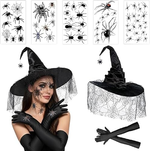 DvBCNMe 7er Hexenhut mit Lange Handschuhe(50cm) Set,Schwarzer Hexenhut mit Spinnenanhänger Spinnen Tattoo Faltbarer Hexen Kostümzubehör Hut Accessoires für Fasching,Party