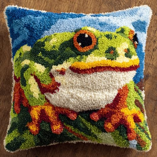 AMBATTERY Kit Crochet de Verrouillage Grenouille Kit de Coussin à Loquet Kits Tapis Point Noué à Faire pour Débutants, Latch Hook Canevas Coussin Point 43x43cm