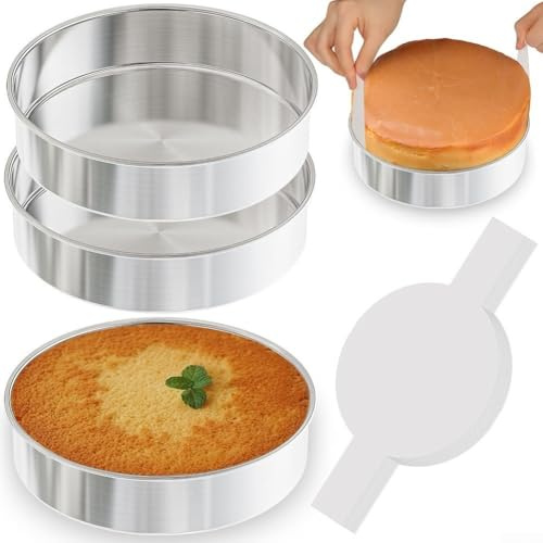 Lot de 3 moules à gâteau en acier inoxydable avec 100 feuilles de papier sulfurisé anti-adhésif pour démouler les aliments sans effort - Convient pour la cuisson de gâteaux et de pâtisseries dans les