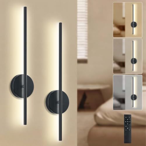 2-Pack 58cm Rechargeable Wall Lights, Wireless LED Wall Sconces with Remote & Touch Control, 4000mAh Battery Operated Wall Lamp No Wire, 3 Color Dimmable Timer for Bedroom, Living Room, Hallway, Black