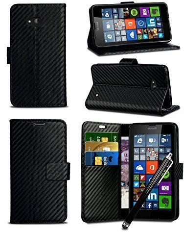 London Gadget Store Vodafone Smart Speed 6 - Black Carbon Fibre Style Leather Wallet Flip Skin Case Cover with Capacitive Stylus Touch Screen Pen, Screen Protector and Polishing Cloth
