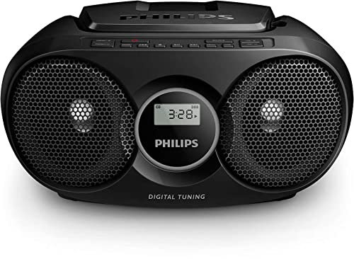 PHILIPS AUDIO AZ215B/12 Reproductor de CD Portátil/Radio FM, Refuerzo Dinámico de Graves, Entrada de Audio/Radio CD, Color Negro