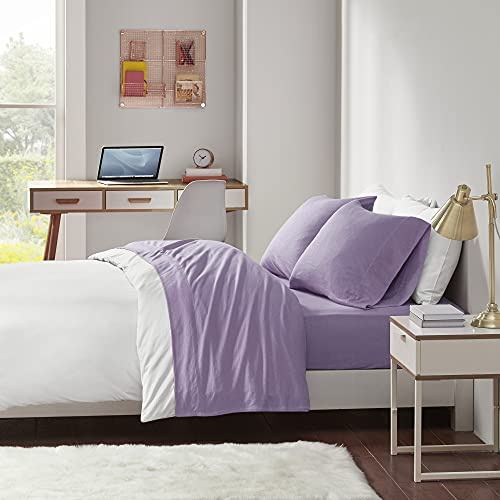 Intelligent Design Cotton Blend Jersey Knit Bed Sheet Set Wrinkle Resistant, Soft Sheets with 14 Deep Pocket, All Season, Cozy Bedding-Set, Matching Pillow Case, Twin, Purple 3 Piece
