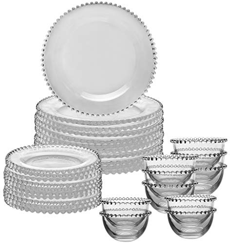 10 Place Setting Bella Perle Beaded Dinner Crockery Glass Plates Bowls | Glass Crockery, Bella Perle, Beaded Edge, Dinner Plate, Side Plate, Dessert Bowl