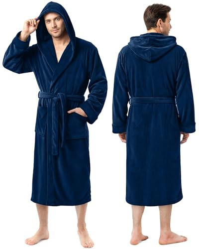 NY Threads Mens Robe with Hood, Luxury Plush Fleece Hooded Mens Bathrobe, Spa Bath Robe for Men, Large/X-Large, Navy