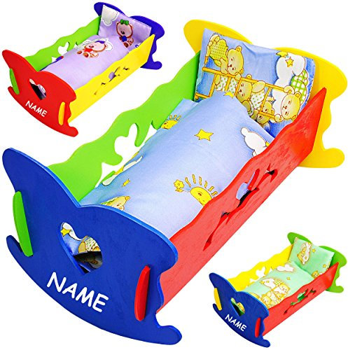 alles-meine.de GmbH 1 Stück Holz - Puppenwiege/Puppenbett - mit Bettzeug - 37 cm - Herzen - inkl. Name - buntes Naturholz - Decke & Kopfkissen - für Puppen - Wiege Kinder..