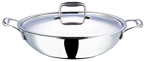 Vinod Cookware Food Grade 4.5 Litre Induction Friendly Platinum (TRI PLY) 18/8 Stainless Steel Kadai with Stainless Steel Lid (30cm, 4.5 Litre)