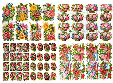 Glanzbilder Rosen Motiv Set, 4 verschiedene Oblaten Papierbögen