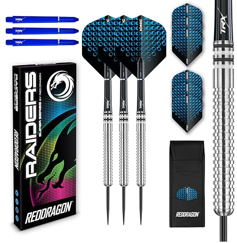 Raider 1: 23g Steel Tip Tungsten Darts Set - Blue Style Set of Professional Darts with Shafts (Stems), Flights and Checkout Card - Choice of Colour Available