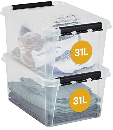 SmartStore 31L Clear Plastic Large Storage Boxes With Lid, 2 Pack, Reinforced, 10 Year Guarantee, Food Safe, Clip Locked, Stackable and Nestable, BPA Free L50 x W39 x H26 cm