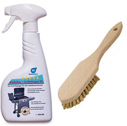 KaiserRein 0,5L Grillreiniger und Backofenreiniger mit Grillbürste, Holz, spitze Form, Messing als starker Fettlöser für Grill und Ofen I Grillrost Reiniger für Gasgrill I Backofen Reiniger