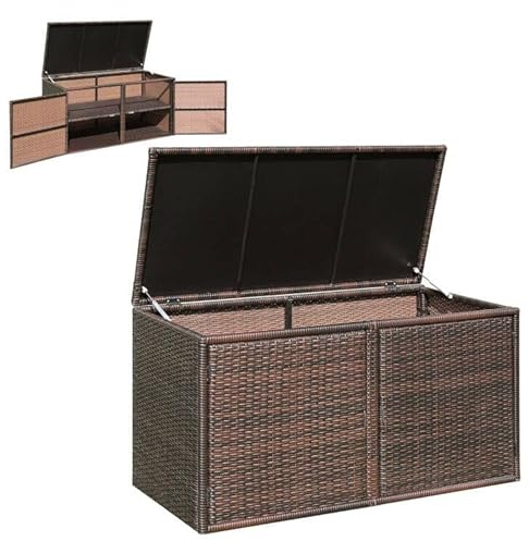 Giantex Rattan Deck Box 88 Gallon Wicker Storage Box W/Separate Storage Shelf, Openable Door, Steel Frame, Toys and Tools Organize for Yard, Garden, Balcony, Porch, Patio Rattan Storage Box (Brown)