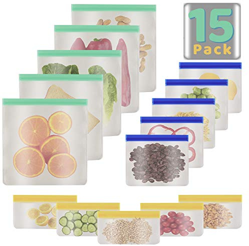 Dimono® Silikonbeutel Wiederverwendbare Zip-Beutel Lebensmittel- und Gefrierbeutel Druckverschluss Launch Bag für Gemüse, Obst, Fleisch & Süßwaren (5x 750 ml; 5x 1000 ml; 5x 1800 ml, 15er Set)