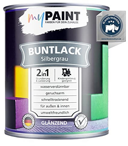 myPaint 2in1 Buntlack Glänzend (750ml Silbergrau / Grau RAL 7001) – Wetterfeste Holzfarbe Holzlack & Küchenmöbellack. Getrocknet sicher für Kinderspielzeug. Für Innen & Außen