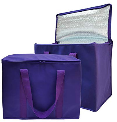 Yalin Set of 2 Large Insulated Collapsible Cooler Bags with Durable Dual Zipper Closure, Reusable Grocery Shopping Bags Keep Food Hot or Cold, Ideal for Food Delivery Bag (Purple)