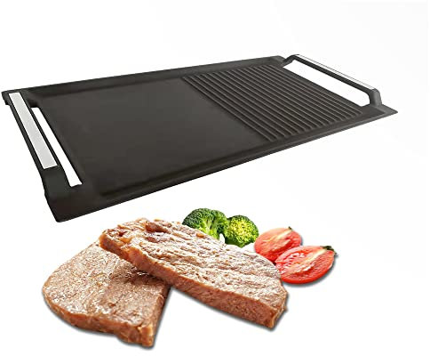 COVERCOOK Cast Iron Griddle Pan, Non-Stick Cast Iron BBQ Grill Pan with Handles, Rectangular Griddle Pan for Induction, Electric, Gas, Open Fire, Oven, Flat and Ridged Surfaces, 42.3x23cm, Dark Gray