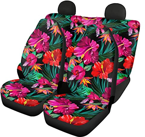 Suhoaziia Autositzbezüge Komplettes Set für Frauen Hawaii Floral Blumen Design Vordersitz Rücklehne Bezug
