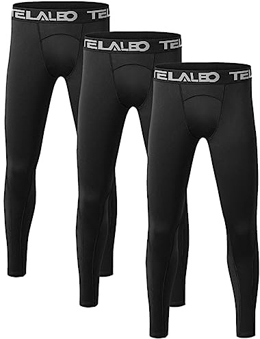 TELALEO Boys' Youth Compression Leggings Pants Tights Athletic Base Layer for Running Hockey Basketball 3 Pack Black-L