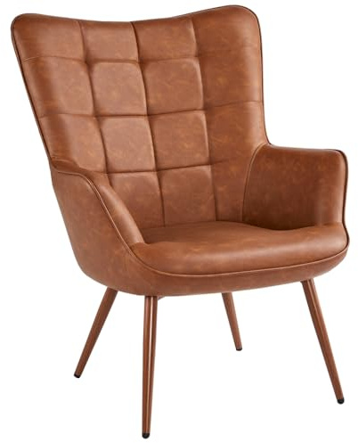 Yaheetech Accent Chair, Faux Leather Modern Armchair with High Back and Metal Legs, Sofa Chairs for Living Room/Bedroom, Brown