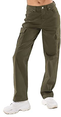 Nina Carter Q1885 Jean cargo stretch pour femme Taille haute Coupe droite
