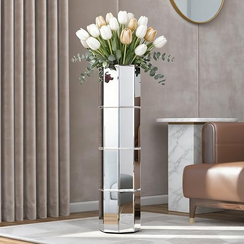blingworld Mirror Floor Vase 28 inch High, Silver Decorative Glass Tall Vases for Decor Living Room Large Big Cylinder Standing Vase for Bedroom Home Corner Indoor Office