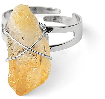 Bague Améthyste Brute Naturelle - Bague En Cristal D'onyx Noir Enroulé De Fil Réglable De Couleur Argentée, Bague De Citrine Chic Créative À La Mode, Bijoux Pour Filles Dames Anniversaire Port
