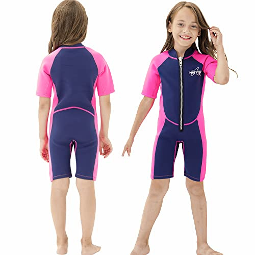 NATYFLY Kids Shorty Neoprenanzug 2.5mm Kinder Neopren Thermal Badeanzug UV-Schutz Badeanzüge für Mädchen Jungen One Piece WetSuits (Rosa, 12 Jahre)