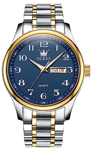 OLEVS Blue Watches for Men Stainless Steel Analog Large Number Watches with Date and Date Casual Luminous Two Tone Band Men's Wristwatch Easy Reader Men Dress Watch Arabic Male Nice Metal Watch Quartz