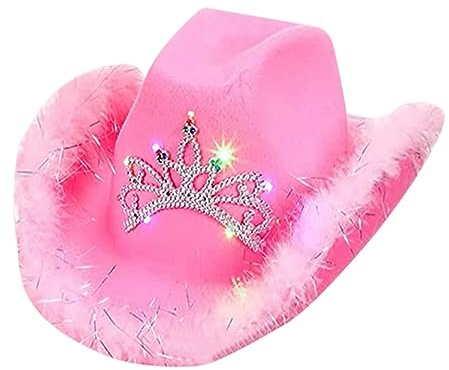 CNNBYYDS Pink Cowboy Hut Damen Cowboyhut mit Federn Dekoration Erwachsene Rosa Pelzbesatz Breite Cowgirl Hut Glitzer Fasching Westernhut Partyhüte für Party Halloween Karneval Kostüm