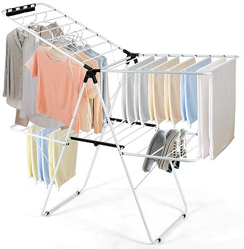 HOMASIS Faltbarer Wäscheständer mit 2 Ebenen, Kleiderständer mit Flügeln, höhenverstellbar bis max. 176,5 cm, Stahlrahmen mit einem Handtuchclip, Wäscheständer für Kleidung, Schuhe, Decken, Weiß