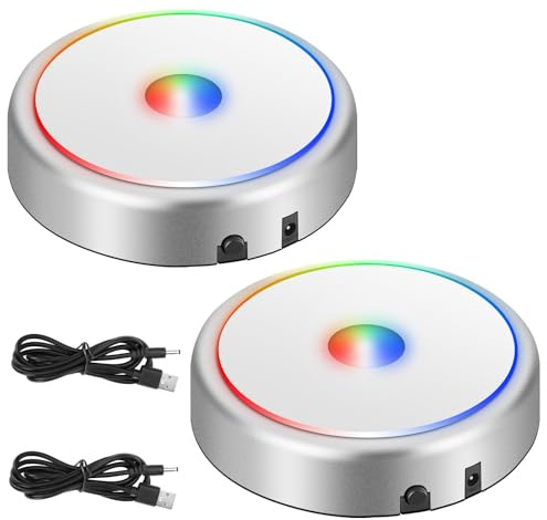 EEEKit 2 Pack LED Light Base, 6 Color Round Show Stand, Non-Slip Lighted Display Stand for 3D Crystal Glass Art Holiday Party Decoration, Silver