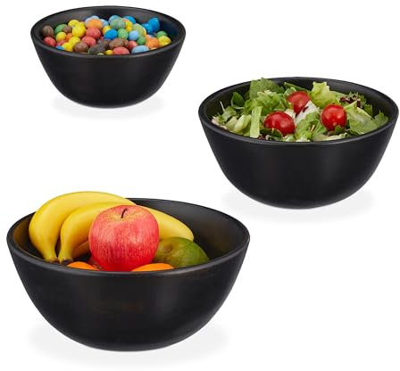 Relaxdays Ciotola da Portata, Set 3 Insalatiere, Ø 18, 23, 28 cm, Scodella in Legno di Mango, Bowl Tavola e Cucina, Nero