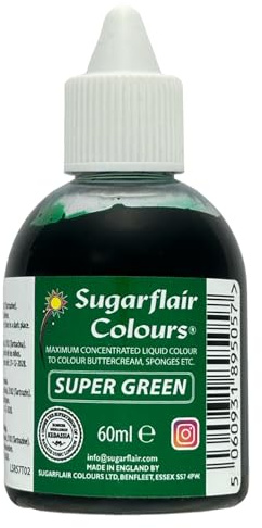 Sugarflair Lebensmittelfarbe Flüssig Super Green - Lebensmittel Farbe Hoch Konzentriert zum Färben von Zuckerpaste, Buttercreme, Zuckerguss, Macarons, Kuchendekorationen und mehr - 60ml