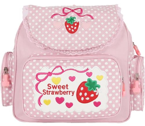 Kawaii-Büchertasche, Erdbeer-Mini-Rucksack, bestickter Erdbeer-Spitzen-Rucksack, süße Schultasche für Mädchen