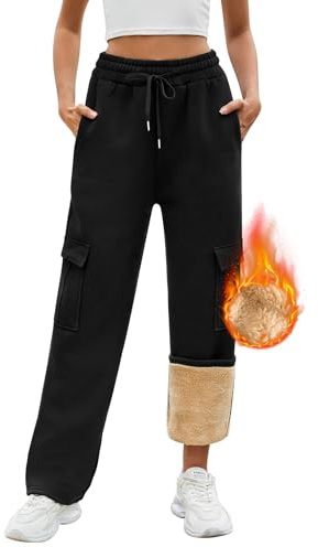 PASUDA Pantalones de Chándal para Mujer Invierno Termico Fleece Pantalon Algodón Casual Sueltos Rectos Pantalon Deportivo Elastica Cintura Alta Pantalon Jogger con Bolsillo y Cordón (Negro, L)