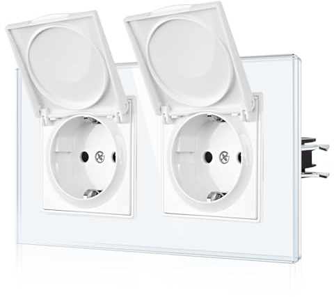 CNBINGO Wasserdicht Steckdose mit Deckel und Krallen, 2-Fach Weiß Glas | Wassergeschützt Wandsteckdose mit Klappdeckel, Schuko Steckdose Unterputz mit Kindersicherung, EU-Standard, Glasscheibe