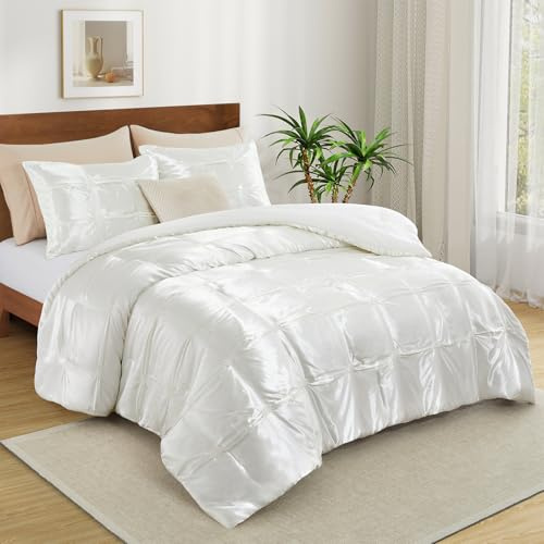Lanest Housing King Size Satin Comforter Set Ivory White, 3 Pieces Soft and Lightweight Silk Bedding, All Season Fluffy Down Alternative Comforter Bed Set