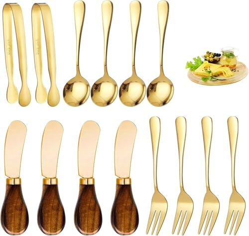 Charcuterie Accessories (14 Pcs), Cheese Spreaders for Charcuterie Board, Mini Serving Spoons, Forks and Mini Serving Tongs - Charcuterie Utensils for Butter, Cheese and Pastry Making (Gold)