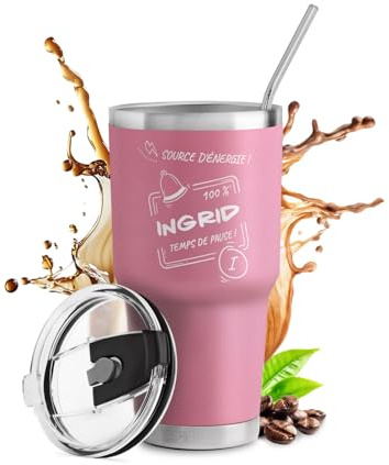 Maverton Mug Isotherme Personnalisable Rose en Acier Inoxydable 800 ml | Gobelet Isotherme avec Paille et Boîte Cadeau, avec brosse de nettoyage, Cadeau Femme Anniversaire Source d'énergie