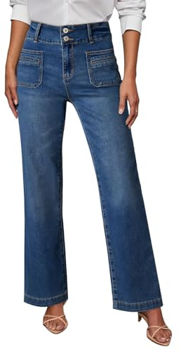 Sidefeel Women's High Waisted Tummy Control Jeans Stretchy Wide Leg Pockets Front Denim Pants Real Teal Size 10